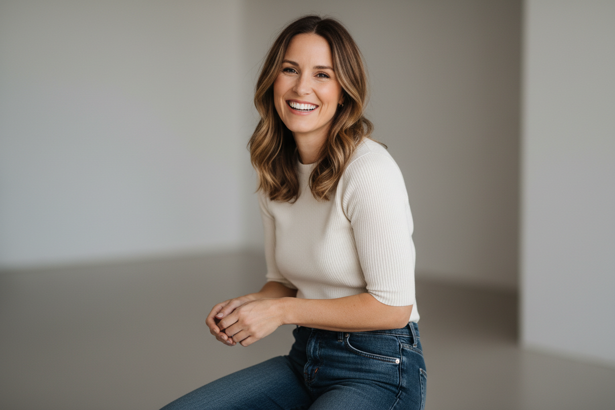 Realistic portrait of a woman in her early 30s, bright friendly smile, daylight lighting, clean neutral background, simple modern outfit, relaxed posture, natural lifestyle portrait, authentic and trustworthy, no text or branding