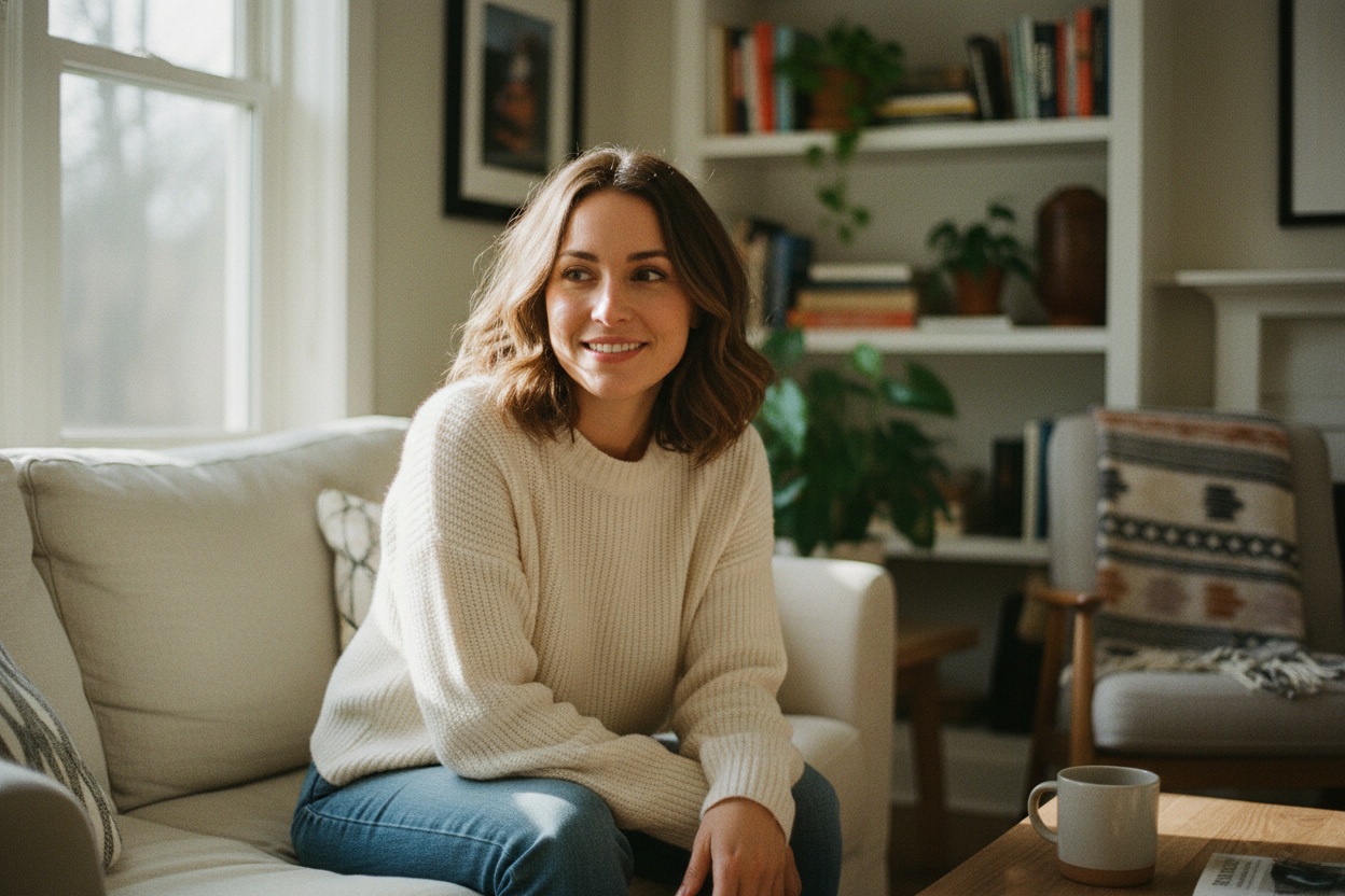 Realistic portrait of a woman in her late 20s, gentle smile, soft natural light from a window, home interior background, cozy and casual outfit, friendly and authentic look, everyday lifestyle photo, not posed, high realism, no text