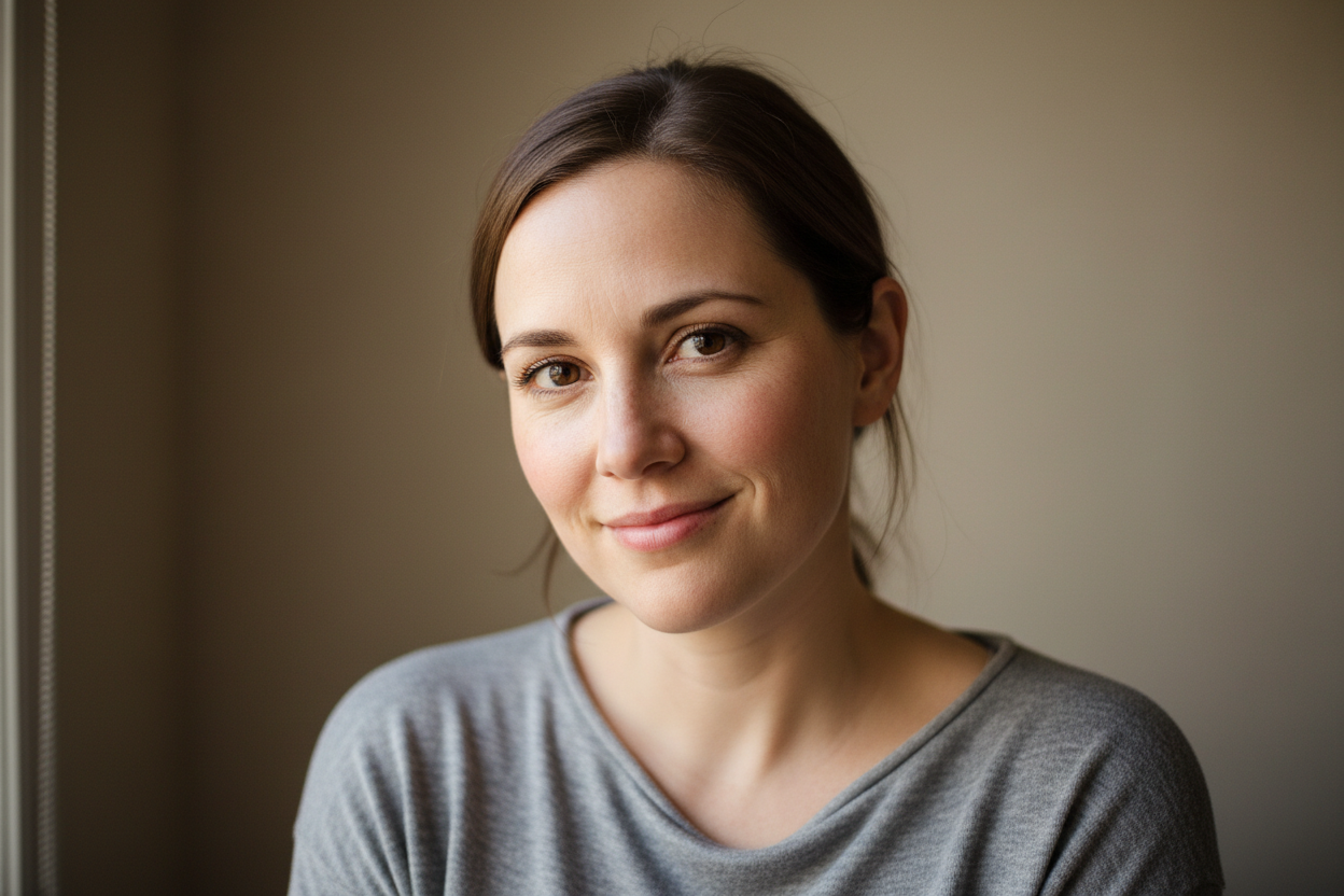 Realistic portrait of a woman in her early 30s, soft natural smile, minimal makeup, warm indoor lighting, neutral beige background, casual top, relaxed and approachable expression, lifestyle smartphone photo, high realism, no text, no logos
