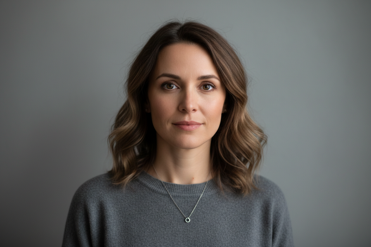 Realistic portrait of a woman in her late 30s, calm confident expression, subtle makeup, soft shadow lighting, neutral gray background, modern casual style, trustworthy and relaxed mood, high-quality natural portrait, no branding or text
