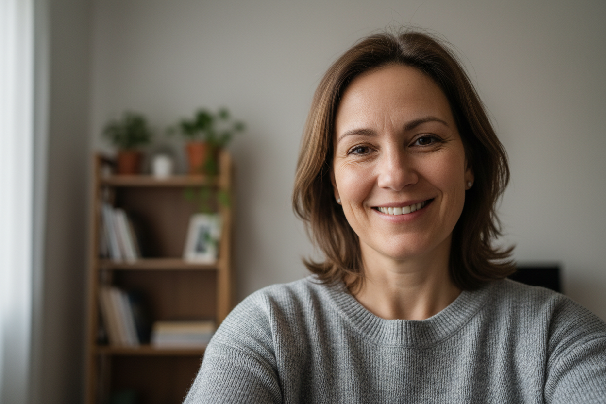 Realistic portrait of a woman in her mid 40s, warm smile, natural skin texture, soft indoor lighting, simple home background, casual everyday clothing, approachable and genuine appearance, realistic smartphone photo, no logos
